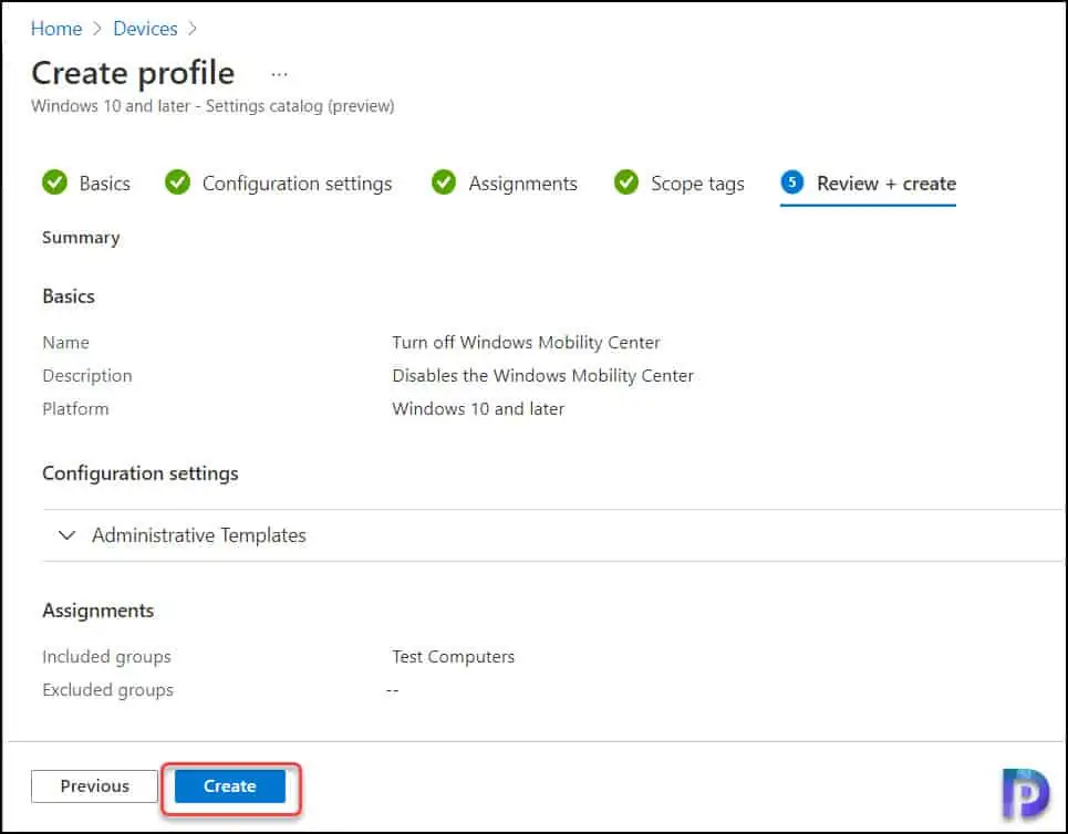 Turn Off Windows Mobility Center using Intune or GPO 10 Intune Settings Catalog - Review and Create