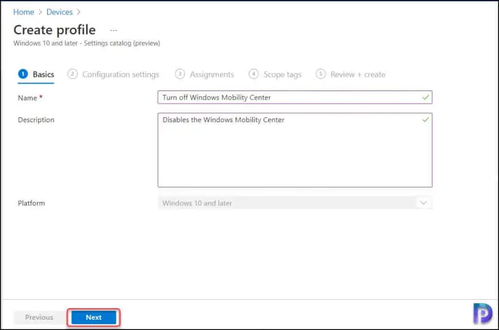 Turn Off Windows Mobility Center using Intune or GPO 4 Intune Profile Name and Description