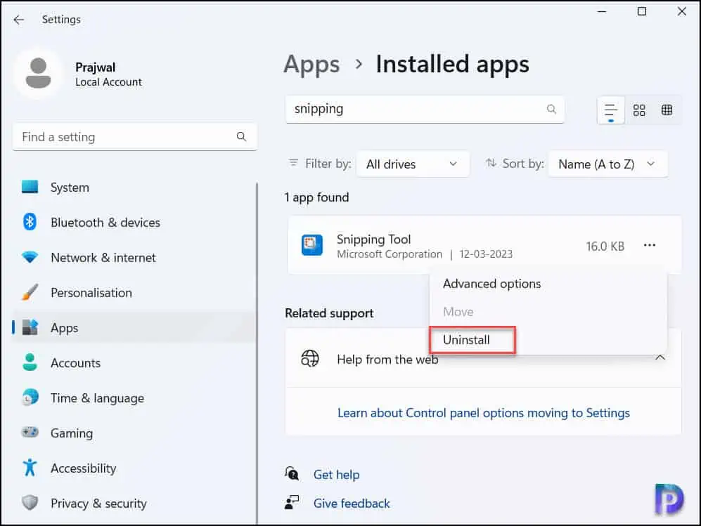 Remove or Uninstall Snipping Tool from Windows 10 / 11 2 Uninstall Snipping Tool via Windows Apps