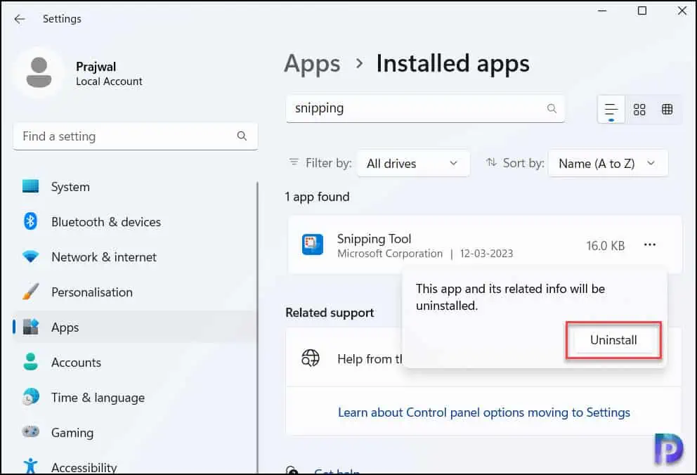 Remove or Uninstall Snipping Tool from Windows 10 / 11 3 Uninstall Snipping Tool via Windows Apps