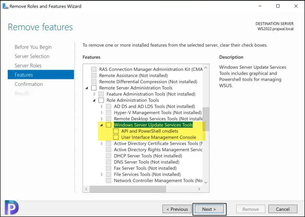 Uninstall WSUS Console using Server Manager