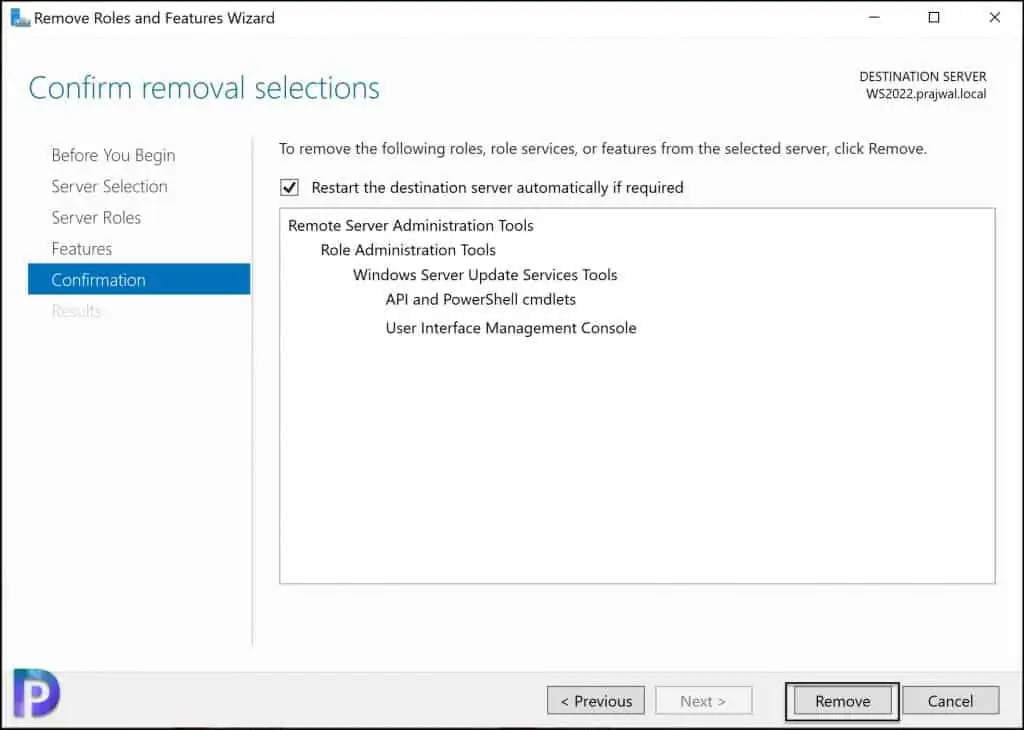 Uninstall WSUS Administration Console using Server Manager