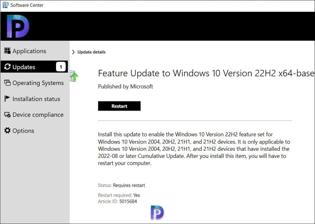 Windows 10 22H2 Upgrade using SCCM Feature Update Option 18 Restart the Computer to Complete Windows 10 22H2 Upgrade