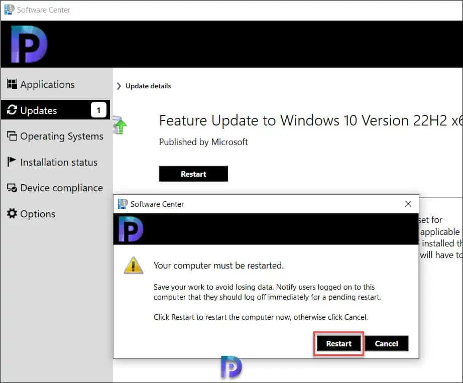 Windows 10 22H2 Upgrade using SCCM Feature Update Option 19 Restart the Computer to Complete Windows 10 22H2 Upgrade