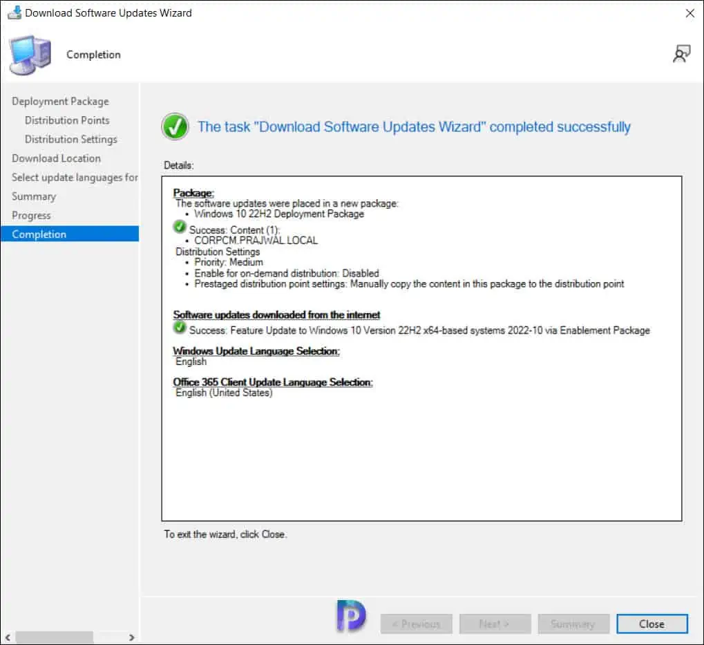 Windows 10 22H2 Upgrade using SCCM Feature Update Option 7 Close Download Software Updates Wizard