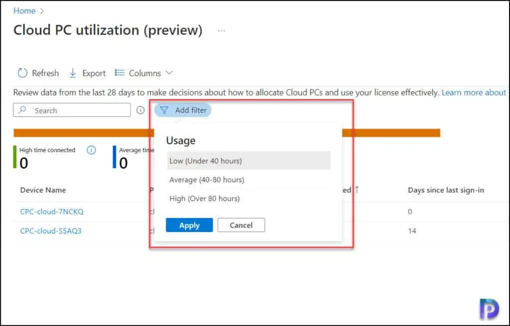List of Windows 365 Cloud PC Reports in Intune 5 Filter Data in Cloud PC utilization report